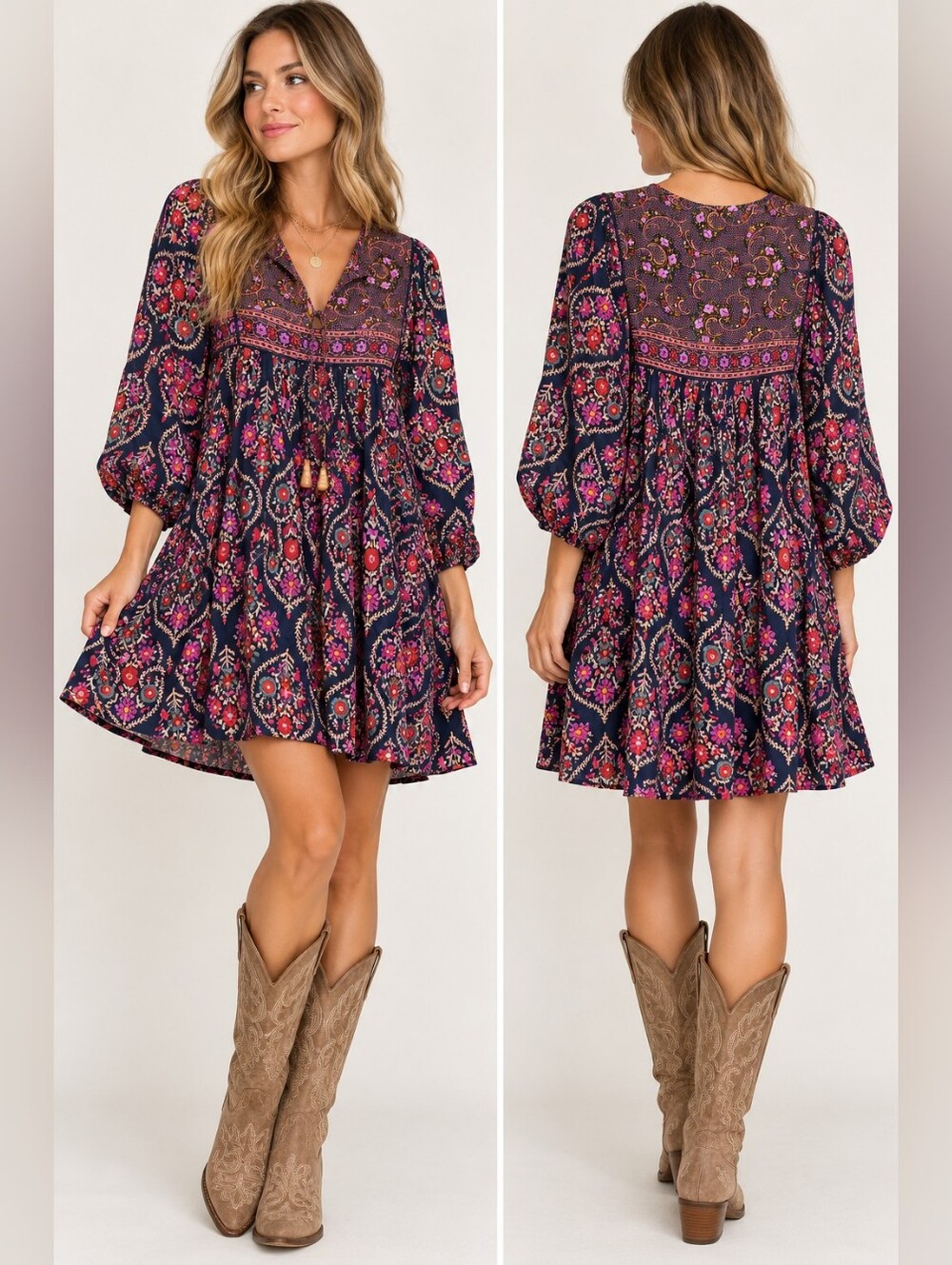 Natural Life Boho Floral Paisley Babydoll Mini Dress Navy XS NWT